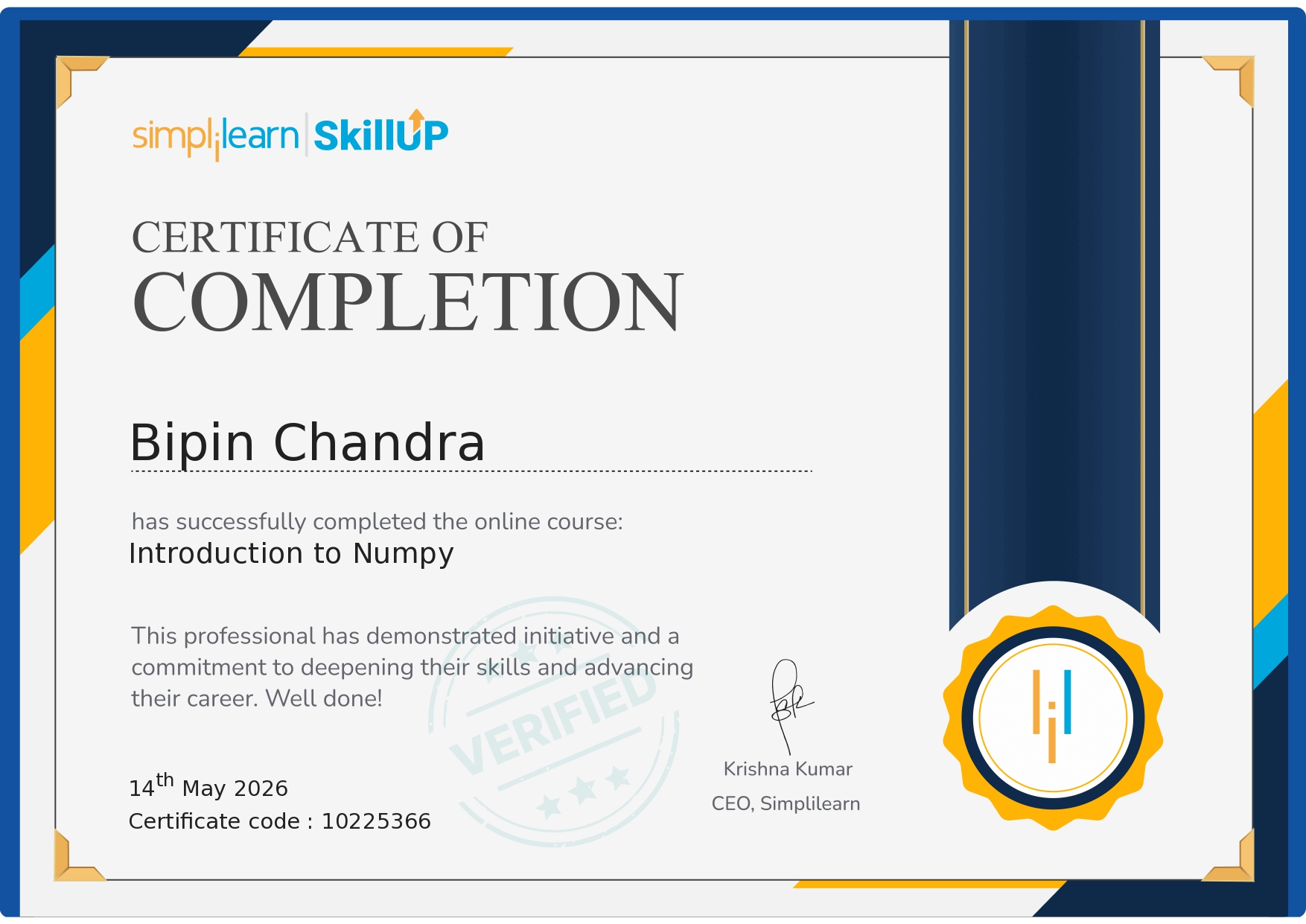Introduction to NumPy certificate