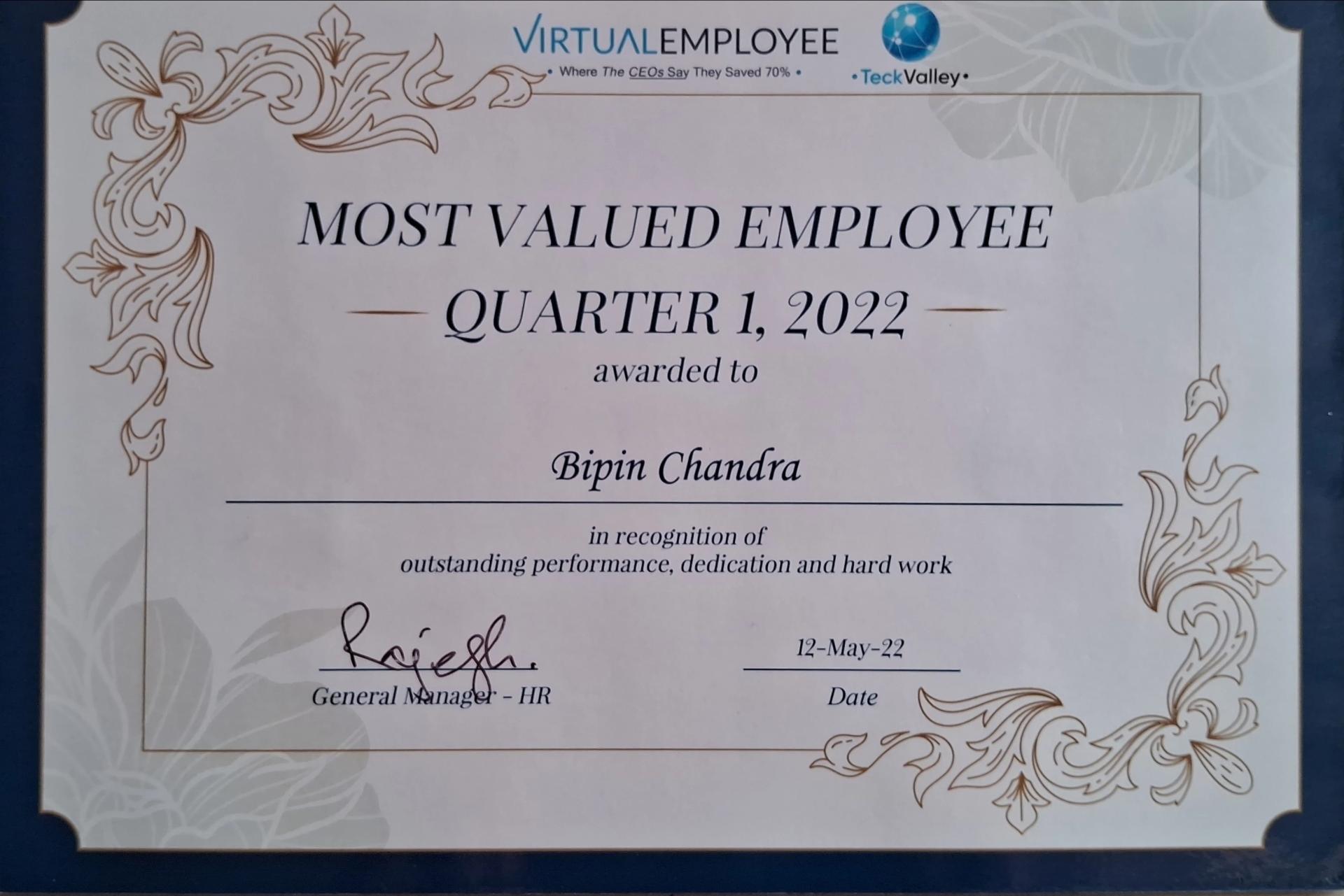 Most Valued Employee certificate