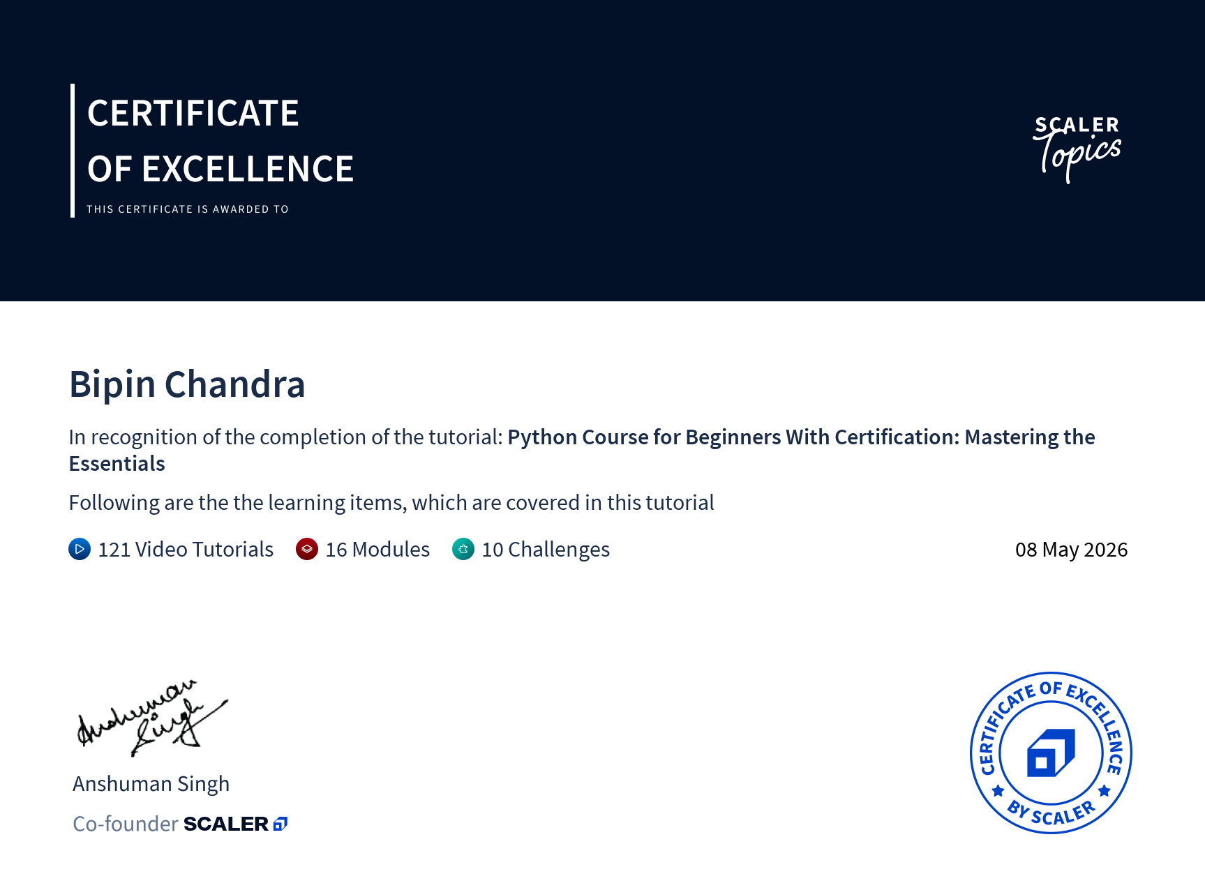 Scaler Python Course for Beginners certificate