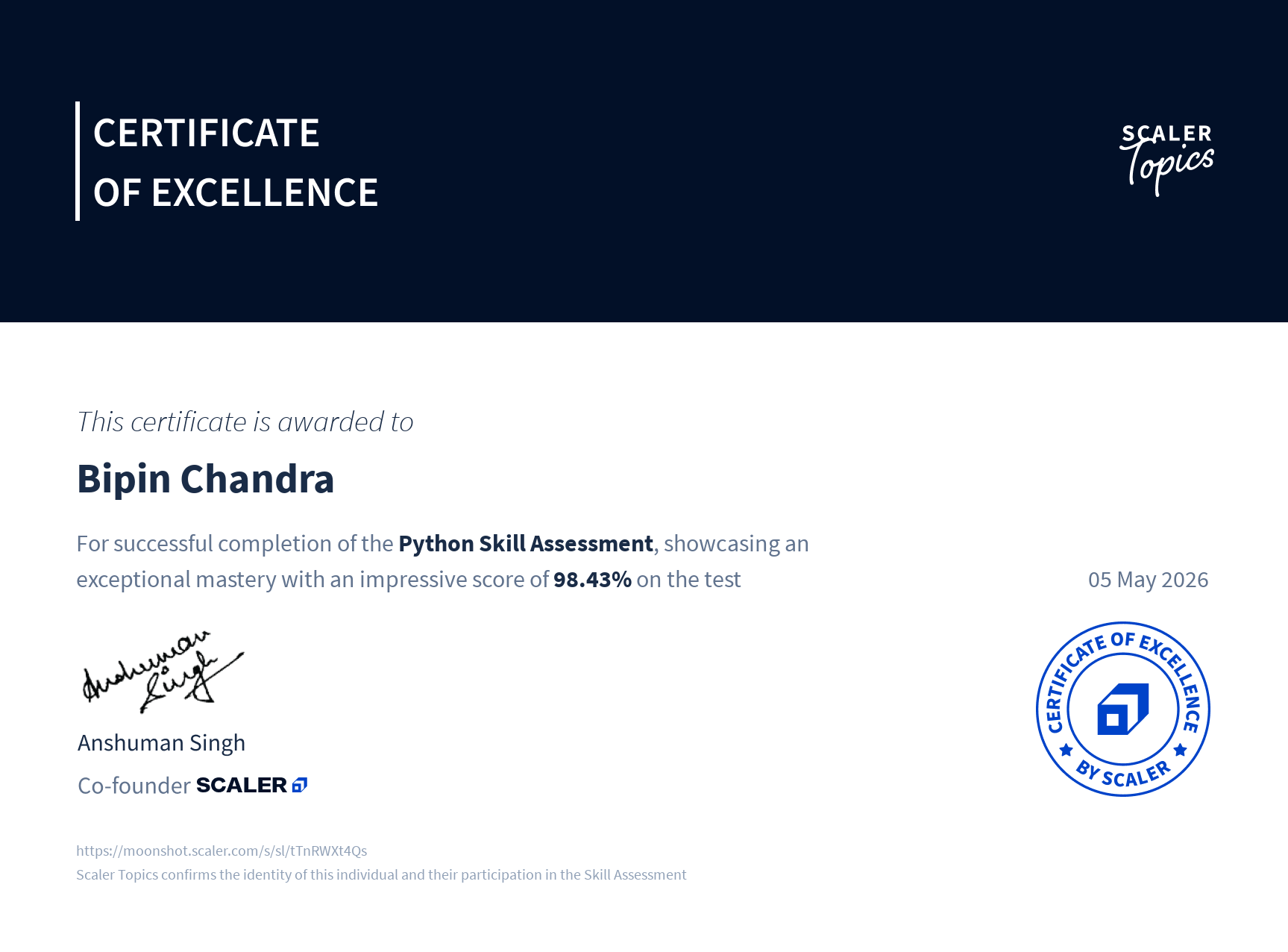 Scaler Python Skill Assessment certificate